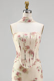 Corsé sin tirantes de albaricoque Maxi Floral Dress con bufanda de cuello