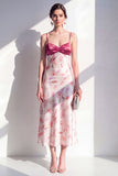 Vestido midi floral de tirantes finos de satén rosa A-Line