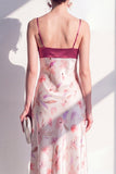 Vestido midi floral de tirantes finos de satén rosa A-Line