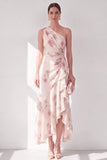 Vestido Maxi Floral de A-Line de Un Hombro de Abricoque con volantes