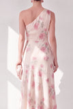Vestido Maxi Floral de A-Line de Un Hombro de Abricoque con volantes