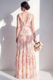 Vestido largo de dama de honor floral de albaricoque, escote en V y gasa en pico