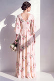 Vestido largo largo de dama de honor de albaricoque de albaricoque con chiffon en V y escote en V y mangas flopt