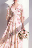 Vestido largo largo de dama de honor de albaricoque de albaricoque con chiffon en V y escote en V y mangas flopt