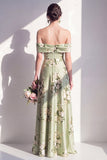 Vestido largo largo de dama de honor de satén verde salvia con línea A y línea A descubierto