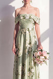 Vestido largo largo de dama de honor de satén verde salvia con línea A y línea A descubierto