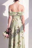 Vestido largo largo de dama de honor de satén verde salvia con línea A y línea A descubierto