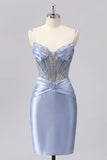 Vestido de Homecoming con corsé transparente de satén de satén gris azul con cuentas