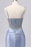 Vestido de Homecoming con corsé transparente de satén de satén gris azul con cuentas