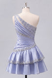 Vestido de bienvenida de satén gris azul, línea en A, un hombro fruncido, con cuentas