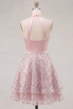 Vestido de Homecoming de satén de satén en A, cuello halter y lentejuelas fruncidas, con cuello halter y lentejuelas
