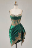 Vestido de bienvenida de satén verde oscuro con lentejuelas franzadas, corsé transparente y faja