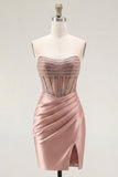 Vestido de bienvenida de fin de curso transparente de satén de satén con cuentas y corsé de bienvenida Sweetheart Blush