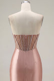 Vestido de bienvenida de fin de curso transparente de satén de satén con cuentas y corsé de bienvenida Sweetheart Blush