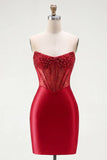 Vestido de Homecoming con corsé transparente corsé transparente de satén de satén rojo