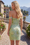 Green Off the Shoulder Bodycon Floral Sheer Corset Homecoming Dress