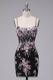 Vestido de Homecoming con corsé transparente de flor rosa negra