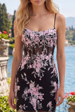 Vestido de Homecoming con corsé transparente de flor rosa negra