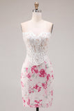 Vestido de Homecoming con corsé transparente de flor fucsia blanca