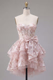 Corsé rosa A-Line Sweetheart Floral Vestido de Bienvenida con lazo