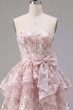 Corsé rosa A-Line Sweetheart Floral Vestido de Bienvenida con lazo