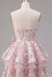 Corsé rosa A-Line Sweetheart Floral Vestido de Bienvenida con lazo