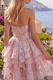 Corsé rosa A-Line Sweetheart Floral Vestido de Bienvenida con lazo