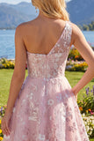 Vestido rosa de fin de semana floral de un solo hombro con un solo hombro