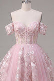 Vestido de bienvenida rosa translúcido corsé rosa de línea en A con hombros descubiertos