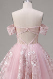 Vestido de bienvenida rosa translúcido corsé rosa de línea en A con hombros descubiertos