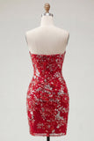 Vestido de bienvenida sin tirantes corto, rojo rojo y ajustado, corto, con cuentas y flores, sin tirantes
