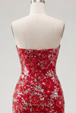 Vestido de bienvenida sin tirantes corto, rojo rojo y ajustado, corto, con cuentas y flores, sin tirantes