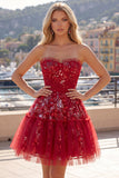 Vestido de bienvenida floral con volantes rojo brillante y brillante Línea A, con cuentas y cuentas