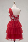Vestido corto de bienvenida a casa rojo floral de un hombro con volantes