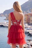 Vestido corto de bienvenida a casa rojo floral de un hombro con volantes