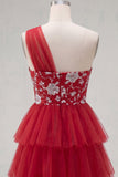 Vestido corto de bienvenida a casa rojo floral de un hombro con volantes