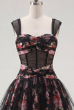 Vestido de fin de curso corsé corto de franzas en negro rosa rosa A