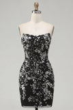 Vestido de bienvenida corto, ajustado, corto, sin tirantes y negro negro brillante, floral fruncido