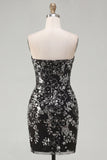 Vestido de bienvenida corto, ajustado, corto, sin tirantes y negro negro brillante, floral fruncido
