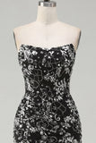 Vestido de bienvenida corto, ajustado, corto, sin tirantes y negro negro brillante, floral fruncido