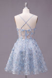 Vestido de fin de casa con tirantes finos azul brillante floral de lentejuelas A línea corsé corto
