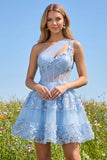 Corsé corto de rosca con lentejuelas azul brillante floral A Line Shorts Homecoming con volantes