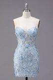 Corsé azul brillante con flores, vestido ajustado corto, sin tirantes y con cuentas
