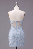 Corsé azul brillante con flores, vestido ajustado corto, sin tirantes y con cuentas