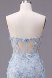 Corsé azul brillante con flores, vestido ajustado corto, sin tirantes y con cuentas