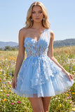 Corsé azul brillante con cuentas floral Línea A Vestido corto de bienvenida con volantes
