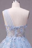 Corsé azul brillante con cuentas floral Línea A Vestido corto de bienvenida con volantes
