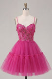 Fucsia brillante Línea A Corsé corto con cuentas florales Tirantes finos Vestido de bienvenida