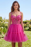 Fucsia brillante Línea A Corsé corto con cuentas florales Tirantes finos Vestido de bienvenida