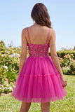 Fucsia brillante Línea A Corsé corto con cuentas florales Tirantes finos Vestido de bienvenida